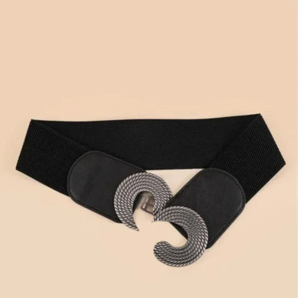 Black Symmetrical Round Buckle Wide Elastic Belt - Picture 2 of 9